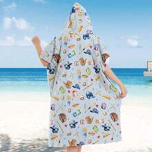 1pc Digital Printed Pattern Ultra-Fine Fiber Hooded Bath Towel, Suitable For Bathing, Swimming Pool, Travel Items, Festival Gifts