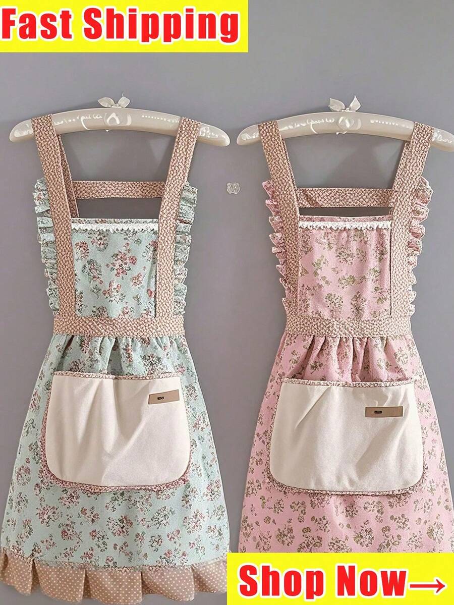 Home & Living,Kitchen & Dining,Kitchen Tools & Gadgets,Canvas Floral Hand Wipe Apron,Kitchen Home Cooking Oil And Stain Resistant Apron,Cooking Apron,Adjustable Belt,Hand Wipe,Breathable Fabric,Cute Floral Apron,Suitable For Kitchen And Bathroom,Household Supplies - Multicolor - View 1