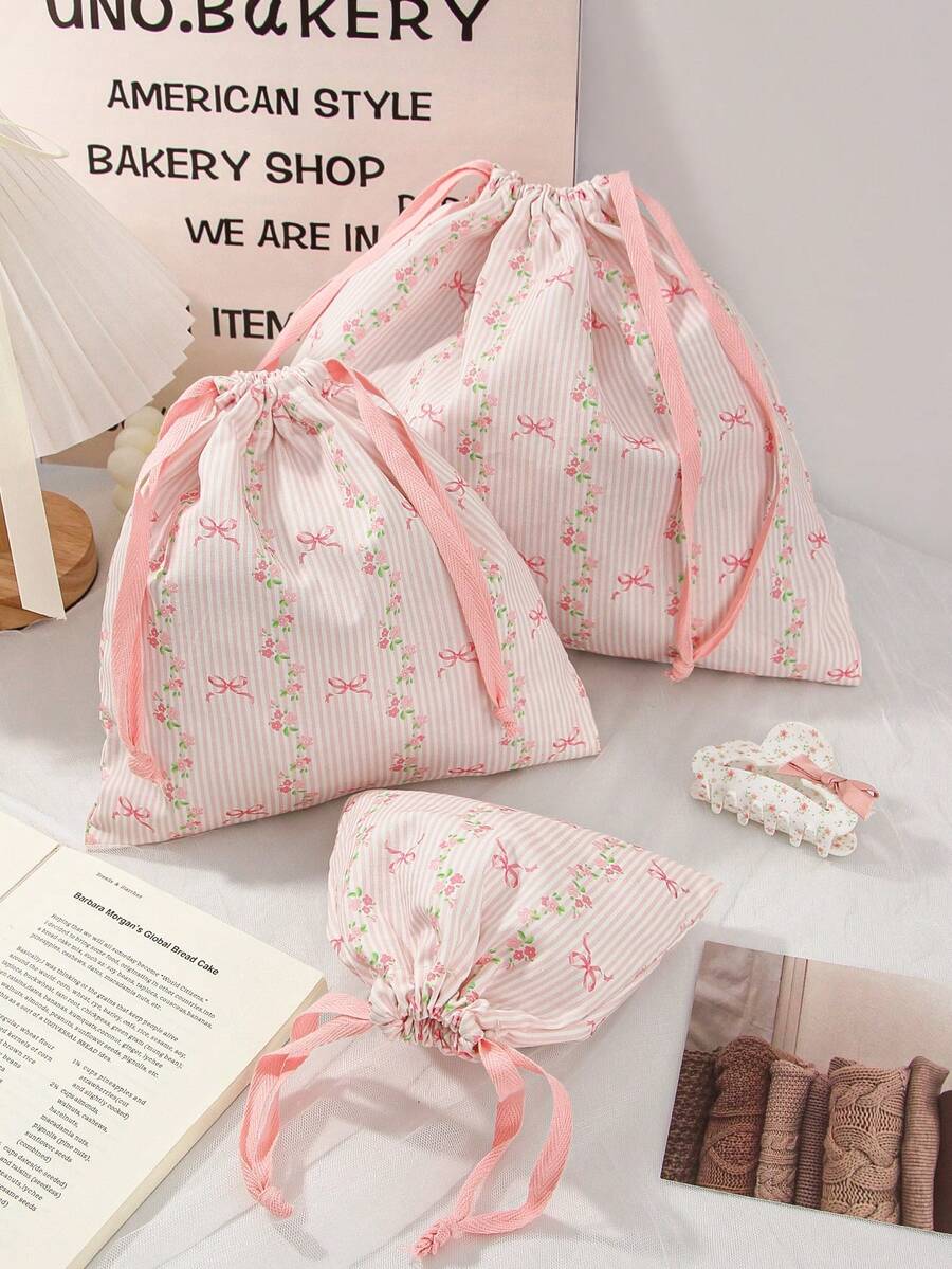 1 件花卉条纹蝴蝶结图案旅行护肤抽绳收纳袋化妆包内衣衣物收纳袋卫生巾袋短途旅行必备旅行收纳套装、收纳袋套装、行李箱收纳袋套装学校用品大学宿舍学生房间装饰必备品 - 彩色 - 查看 1