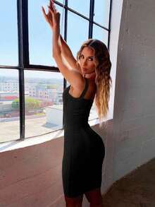 Summer Elegant Spaghetti Strap V Neck Short Bodycon Dress Women Ribbed Bandage Dress Sexy Black Night Out Cocktail Party Dress Clothes - Black - View 10