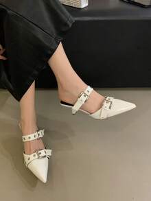 2025秋冬新款女士时尚尖头穆勒鞋，白色，优雅，女士浅口鞋，猫跟鞋，双扣带设计，一脚蹬高跟鞋