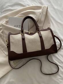 1pc Canvas Contrast Color Patchwork Fashion Duffle Bag,UnisexTravel Luggage,SuitableForOvernightS Tay, Commuting,Short-Distance Travel(Small Size Fo R Commuting,Large Size For Short-Trip) Back To School Supplies Bag For School School Accessories School Stuff - Coffee Brown - View 4