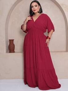 Plus Size Long Dress V Neck Short Sleeve - Burgundy - View 4