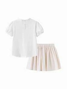 Balabala Young Girl Cartoon Embroidered T-Shirt And Skirt 2-Piece Set, Summer Cool And Breathable - White and Red - View 5