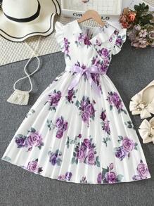 Vestido Floral Cinto Estampado para Meninas, Primavera/Verão