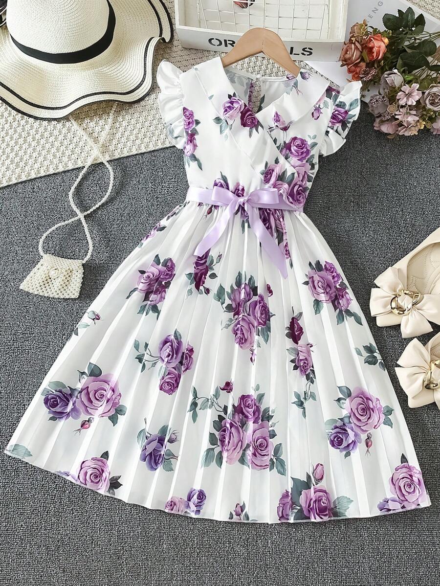 Vestido Floral Cinto Estampado para Meninas, Primavera/Verão