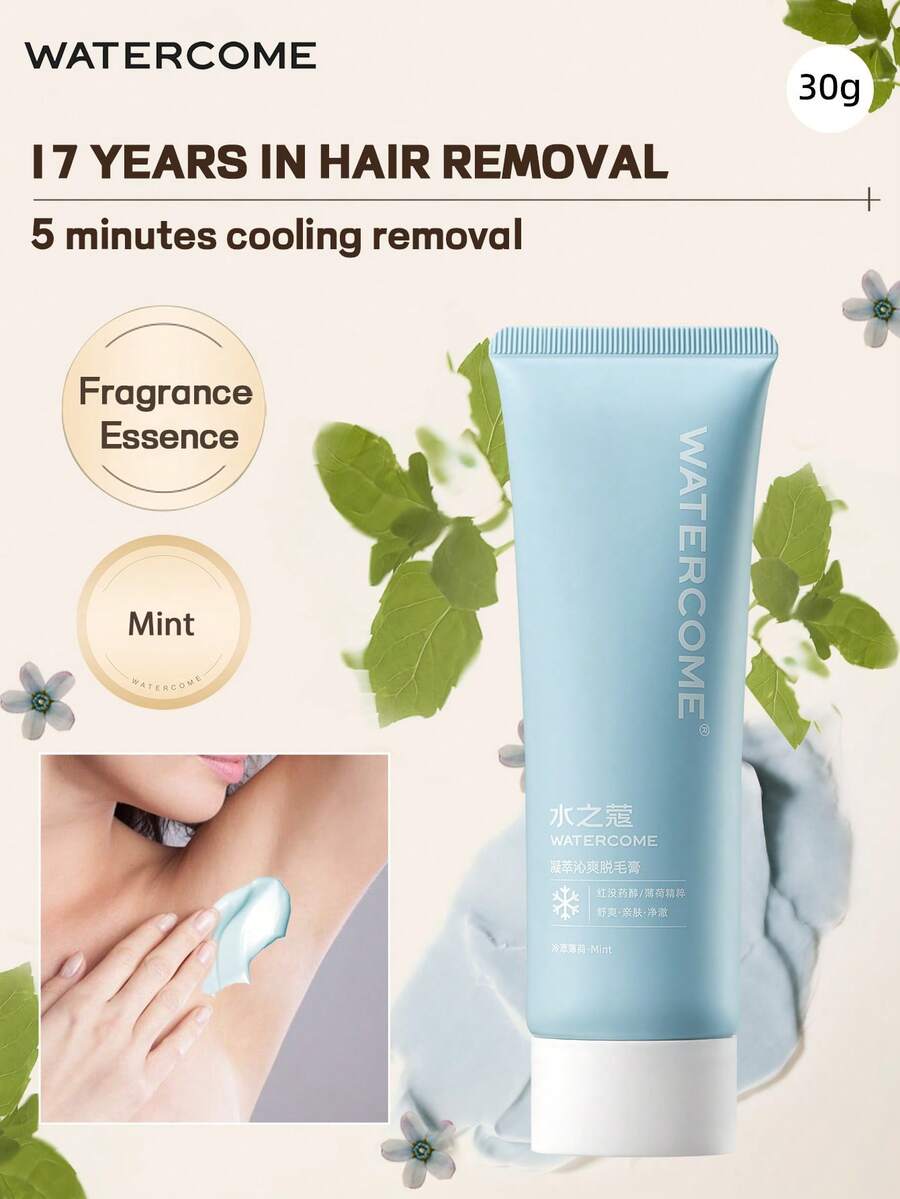 WATERCOME 30克舒缓脱毛膏，薄荷清凉感，温和脱毛，香味宜人，适用于腋下、比基尼线、手臂和腿部，无痛无瑕脱毛，敏感配方，适合所有肤质。