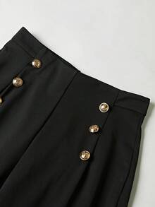 女士优雅高腰阔腿裤 - 黑色涤纶直筒裤，纽扣细节，适合休闲或正式穿着
