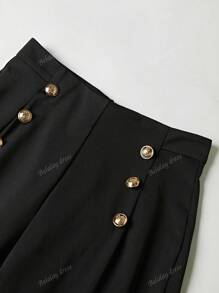Women's Elegant High Waist Wide Leg Pants - Black Polyester Straight Leg Trousers With Button Detail, Suitable For Casual Or Formal Wear
