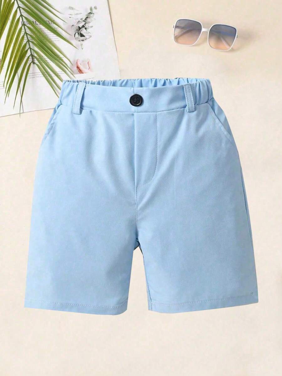 Boys' Solid Color Casual Shorts, With Pockets & Elastic Waistband, Suitable For School Uniform, Athletic Wear - Baby Blue - View 1
