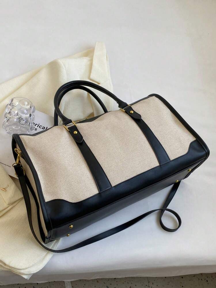 1pc Canvas Colorblock Patchwork Fashion Travel Bag, Unisex Travel Bag, Suitable For Overnight, Commuting, Short Trips (Small Size For Commuting, Large Size For Short Trips), Also Can Be Used As Backpack, School Supplies Bag. - Black - View 5