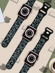 1条刻字书本图案表带，兼容40mm、41mm、42mm、44mm、45mm、46mm和49mm尺寸的表带。休闲/运动风格，柔软舒适，刻字硅胶表带，兼容 SE、11、10、9、8、7、5、4、3和Ultra系列。这款校园风格的智能手表表带男女皆宜。 - 黑色錶帶配綠色書 - 查看 4