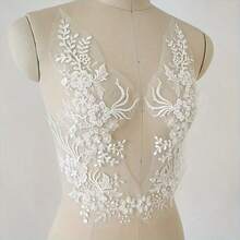 优雅象牙白色重磅刺绣闪光指甲珠蕾丝贴片贴花适用于婚纱面纱服装 DIY 装饰