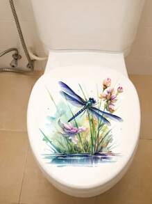 1 Pc Peach Lace Vivid Dragonfly Toilet Decal, Removable And Reusable Easy To Stick Suitable For Waterproof Floral Bathroom Decoration, Elegant Removable Home Aesthetic Art, Room Decoration