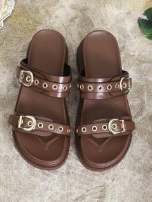 1 Pair Punk Style Rivet Embellished Platform Sandals, High-End Stylish Summer Footwear - Brown - View 8