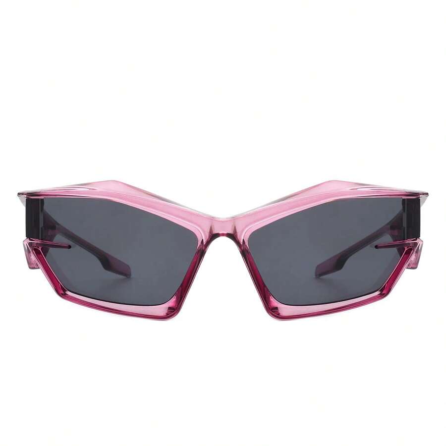 Chunky Geometric Rectangle Sunglasses With Futuristic Square Frame, UV-Resistant Eyewear For Streetwear Edge, Festival Vibes, Raves, Vacation Essentials, Urban Styling, Cosplay And Nightlife - Pink - View 1