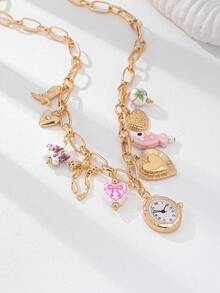 1pc Handmade Pink Ceramic/Porcelain Fish Heart Charm Necklace, Women Multi Charm Necklace Jewelry (Color And Shape Have Random Variations) - Multicolor - View 2