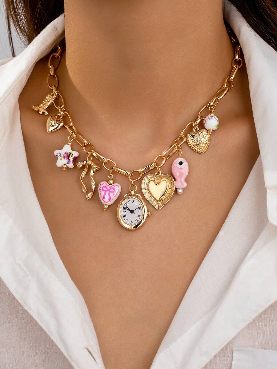 1pc Handmade Pink Ceramic/Porcelain Fish Heart Charm Necklace, Women Multi Charm Necklace Jewelry (Color And Shape Have Random Variations) - Multicolor - View 1