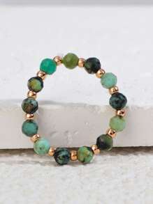 1pc European Style Jewelry, Natural Beryl Carved Beaded Elastic Ring For Women