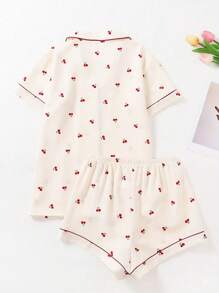 2pcs/Set Women Plus Size Lapel Collar Open Front Short Sleeve Top With Pocket Cherry Fruit & Bow Graphic Casual Comfort And Shorts Pajama Set, Loungewear