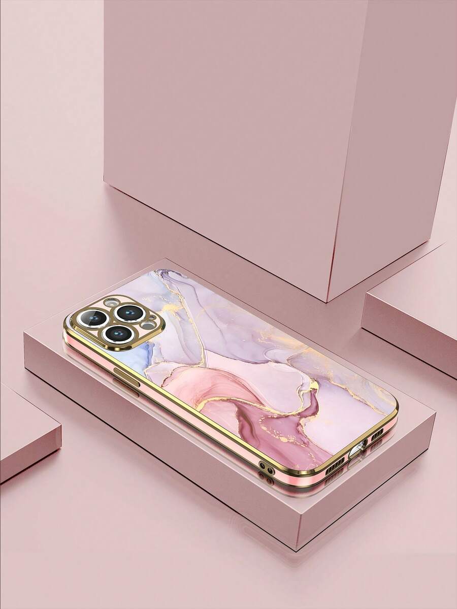 1 件 6D 电镀粉色大理石纹理图案防震手机壳，兼容 Apple/Android 智能手机 - 彩色 - 查看 1