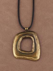 1 pezzo Collana con pendente quadrato asimmetrico e motivo geometrico traforato, catena lunga in corda di cera stile minimalista, adatta per uso quotidiano da donna