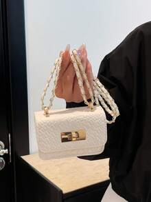 迷你方形包，编织纹理，绗缝，新款女士手提包，菱形图案，高品质缝线，单肩包，编织链带，翻盖，小包，口红袋，可爱斜挎包，配饰袋 - 白色 - 查看 4