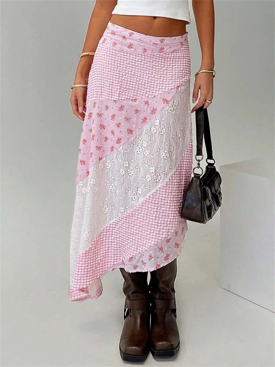 Midi Skirts For Women Y2k Fairy Asymmetrical Hem Flowy Midi Skirt Vintage Lace Patchwork Floral Dots Print Low Rise Long Skirt Boho Skirts Summer Holiday Beach Skirt Streetwear Vacation Clothes - 粉色 - 查看 1