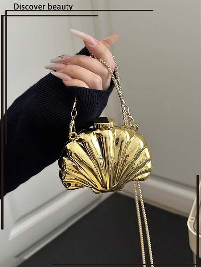 1 pieza Bolso decorativo con forma de concha, Clutch de noche mini, Bolso de cadena de moda personalizado para lápiz labial para mujer, adecuado para el Día de San Valentín, fiesta, cita, bolso bandolera, monedero, estuche para auriculares dorado, regalo para mujer, estuche rígido