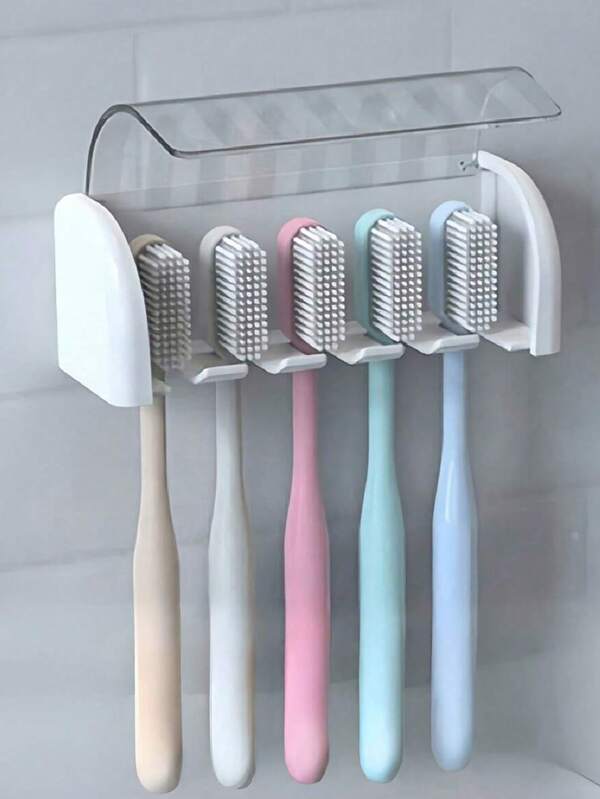 1 pièce Support mural pour brosse à dents sans perçage avec couvercle, Étagère de rangement pour brosse à dents électrique, Porte-dentifrice, Organisateur autoadhésif pour 2/5/6 brosses à dents, Accessoires de rangement pour salle de bain (Blanc), Décoration de la maison et de la salle de bain, Rentrée scolaire