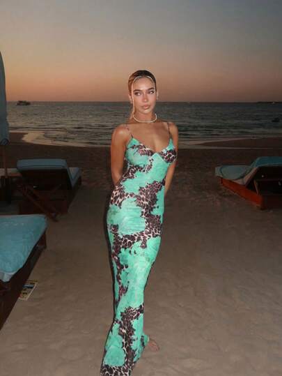 Herbst Damen sexy figurbetontes Kleid mit Leoparden-Muster und Blumen-Kontrast-Farbe, rückenfreies Kleid mit Spaghettiträgern, elegantes Maxikleid für Partys, Damen sexy lässiges Party-Club-Abendkleid