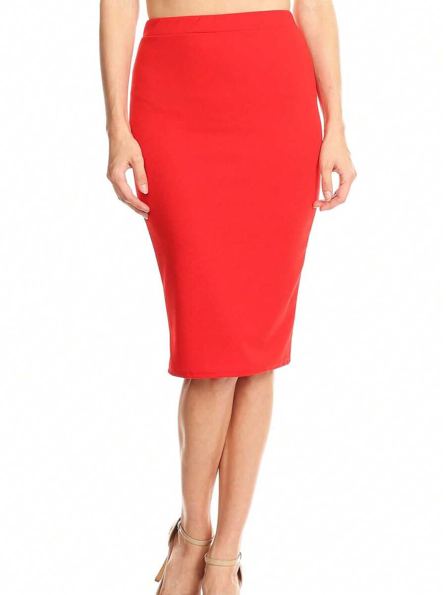 Casual High Waist Slim Stretch Pull-On Bodycon Pencil Solid Midi Skirt - 紅色 - 查看 1