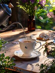 DearDali 一套原创浮雕燕子陶瓷咖啡杯、茶杯和碟子，家用/办公茶具套装，创意英式风格马克杯，适合花茶，咖啡爱好者的理想之选，节日、派对、家庭聚会的最佳礼物，适用于咖啡或花茶，250毫升 - 白色 - 查看 2