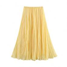 Women's Elegant High-Waisted Pleated Maxi Skirt, Solid Color, Suitable For Autumn Daily Wear And Back To School Season - Yellow - View 2