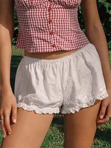 Women's Fashion Shorts Lace Trim Elastic Waist Short Pants Summer Fashion Casual Shorts - 白色 - 查看 1