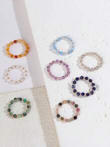 1pc European Style Jewelry, Natural Beryl Carved Beaded Elastic Ring For Women