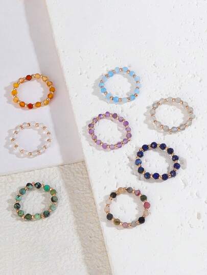 1 件欧式风格珠宝，天然绿柱石雕刻串珠弹性戒指，适合女士