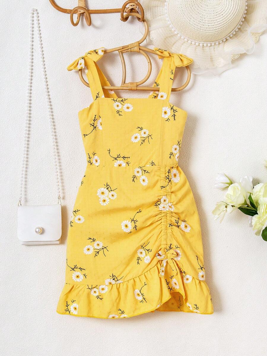 Young Girl Plaid Strap Summer Dress With Floral Print & Ruffle Trim, Fresh Design, Must-Have - Yellow - View 1