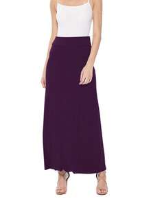 Maxi Length High Waist Foldable Waistband Solid Skirt  Plain  Casual  Elegant  Knitted Fabric        Home  Office  Street  Daily - 紫色 - 查看 4