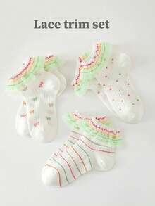 5 Pairs Princess Polka Dot, Ruffle Striped Colorful Lace Girls Socks - Breathable Comfortable Knitted Short Socks, Suitable For Outdoor Activities, Pink And White, Cute Socks - Multicolor - View 11