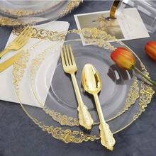 200pcs Transparent Gold Palace Style Plastic Gold Tableware Set, Suitable For 25 Guests, Including 25 Dinner Plates, 25 Dim Sum Plates, 75 Knives, Forks, Spoons, 25 Cups, 25 Napkins And 25 Straws. Very Suitable For Weddings And Parties - Vàng trong suốt - Xem 7