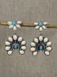 1 paio di orecchini alla moda vintage stile boho con contrasto di colore tra turchese scuro e bianco, per donne