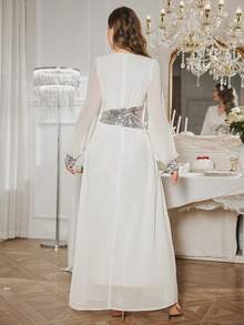 Women's Summer New Waist Gathering Design Dress, Casual Vacation White Flowy Long Dress; Women's Elegant Fashion High-Level Sparkling Sequin Patchwork V-Neck Maxi Evening Dress, Bridesmaid Dress - White - View 3