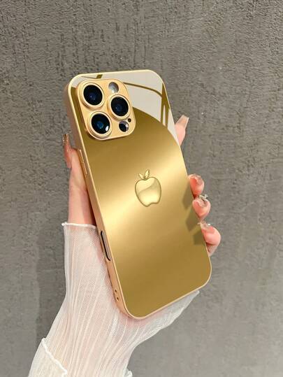 1pc Fashionable Minimalist Gradient Gold Apple Pattern Glass Phone Case, Anti-Drop Protective Cover Compatible With Apple/ Phones, Fits 17 Pro Max/17 Air/16 Pro Max/15 Pro/14 Plus/13/12/11/XR/XS, Galaxy S20/S21 Ultra/S22 Plus/S23/S24/S25
