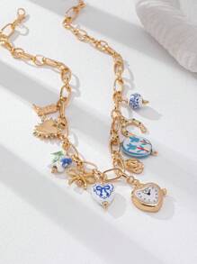 1 pieza Collar con colgante de cerámica de porcelana en forma de corazón con tulipán hecho a mano, collar de múltiples colgantes con apariencia de reloj, collar declarativo para mujeres (el color y la forma tienen variaciones aleatorias)