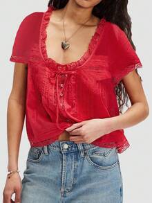 Women Tie Front Shirt Top Y2k Fairy Lace Trim Short Sleeve Bow Decor Crewneck Button Front Sheer Mesh T Shirts Blouses Loose Fit Boho Peplum Shirt Cardigan Summer Going Out Tops Beach Vacation Coquette Clothes - Đỏ - Xem 1
