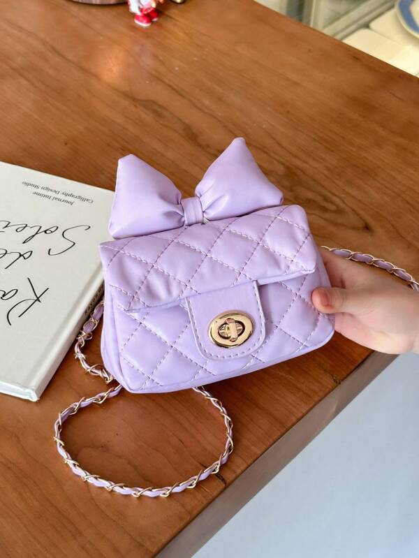 قطعة واحدة محفظة عملات مزينة بالقوس للأطفال، حقيبة مطرزة بنقوش ماسية، حقيبة كروس بتصميم أنيق للفتيات مصغرة بسلسلة