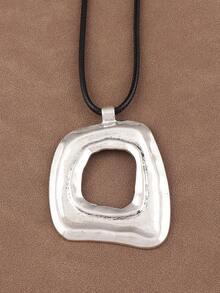 1 pezzo Collana con pendente quadrato asimmetrico e motivo geometrico traforato, catena lunga in corda di cera stile minimalista, adatta per uso quotidiano da donna