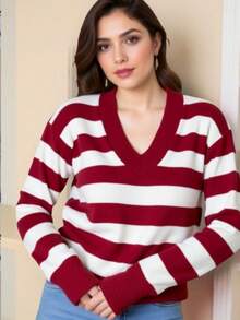 TRICOZHU Knitted Long Sleeve Striped Blouse V-Neck Striped V-Neck Blouse Polyester With Elastane Ribbed Collar And Cuff ONE SIZE 36-44 - Redwood - View 1