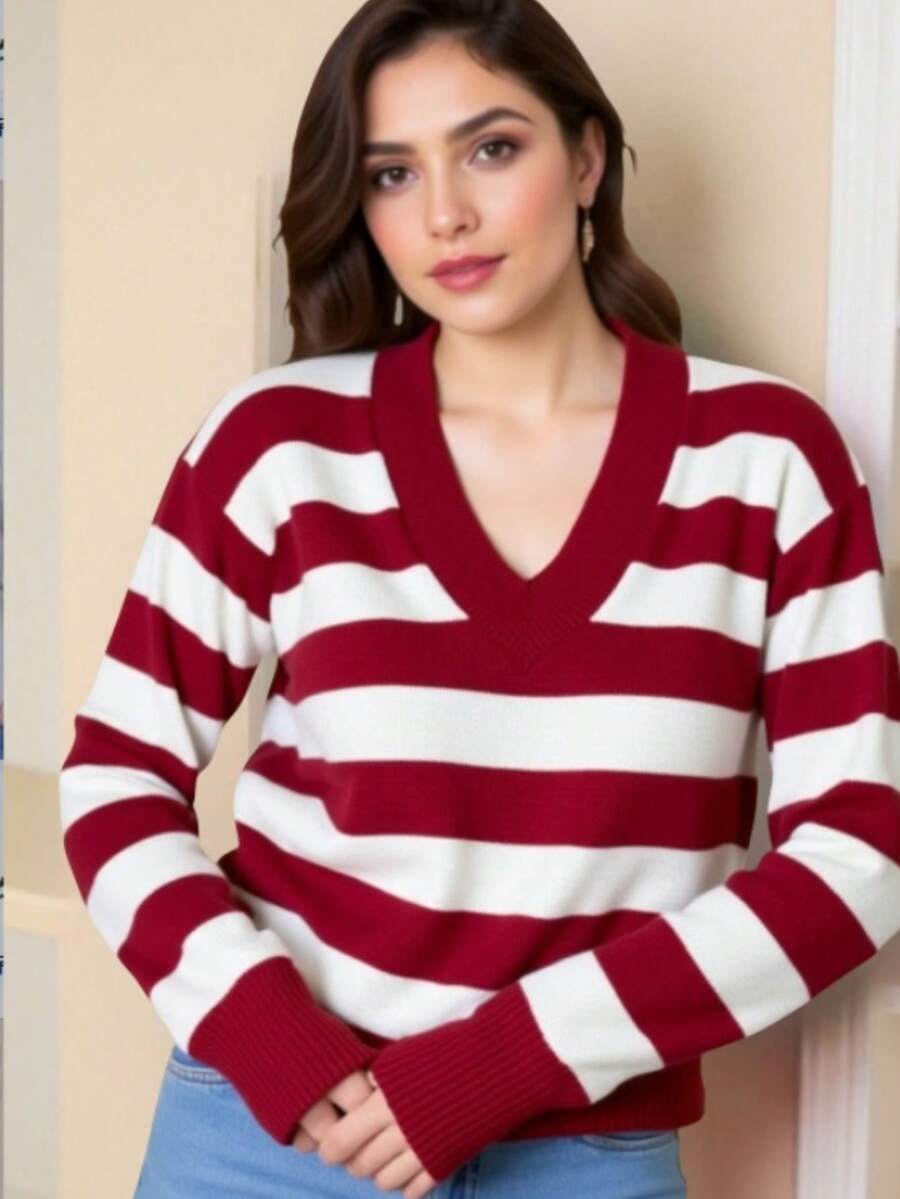 TRICOZHU Knitted Long Sleeve Striped Blouse V-Neck Striped V-Neck Blouse Polyester With Elastane Ribbed Collar And Cuff ONE SIZE 36-44 - Redwood - View 1